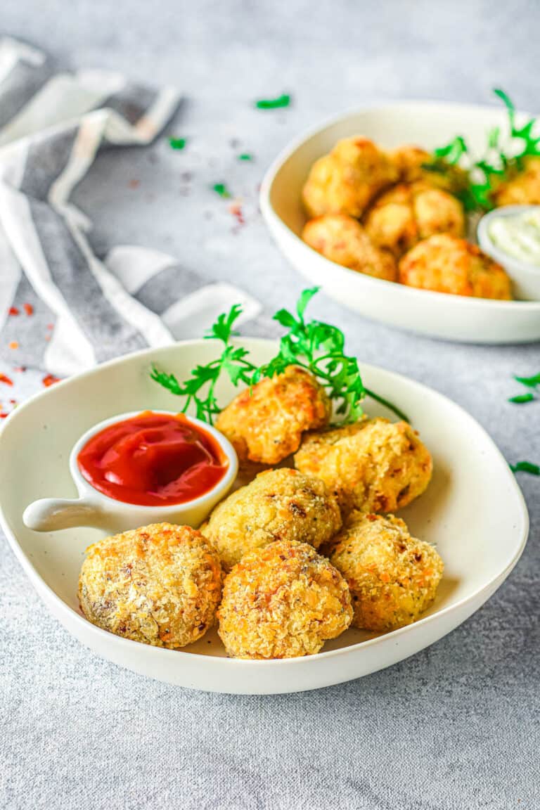 air fryer potato cheese balls with ketchup on the side