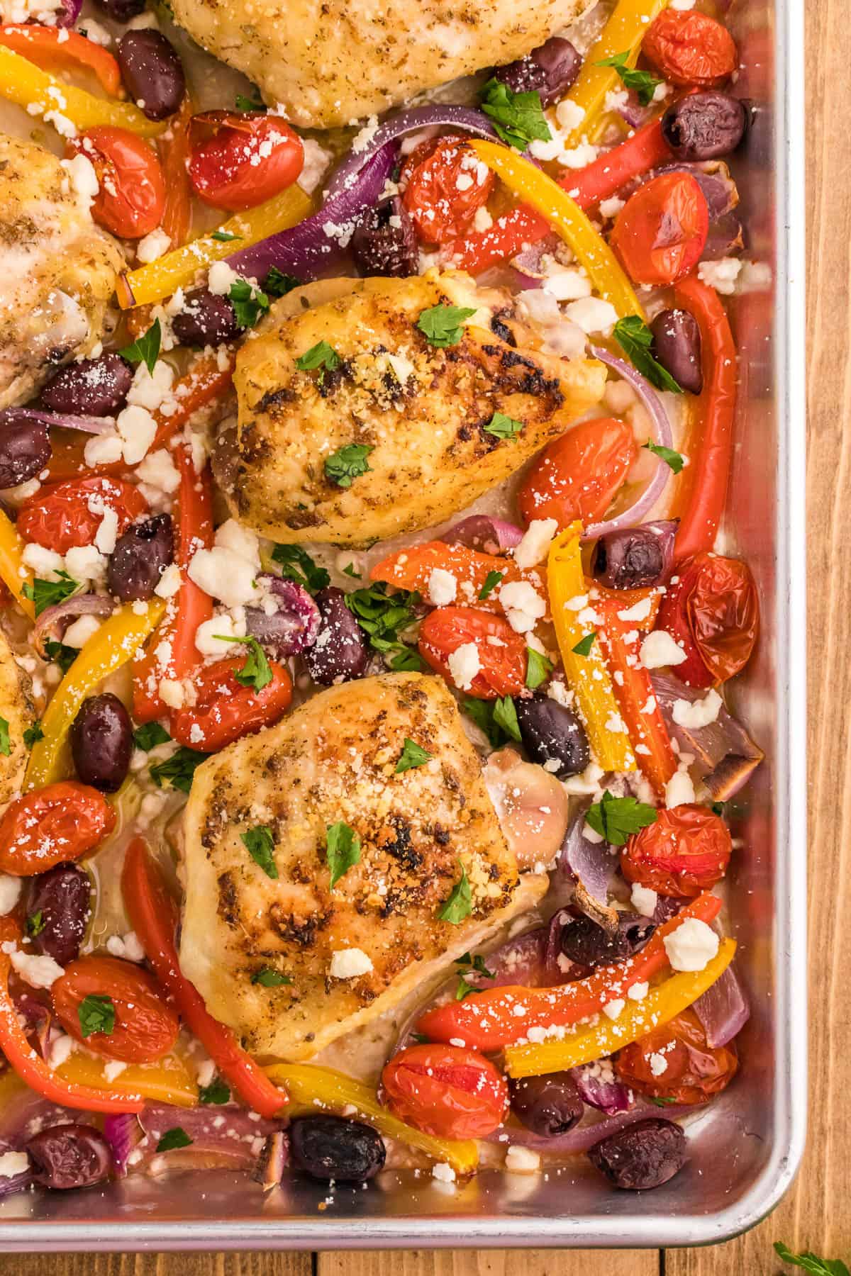 baked greek chicken with olives, red pepper, and feta