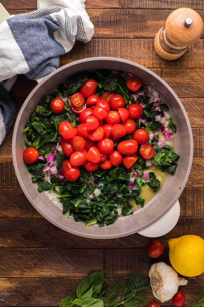add tomatoes to greek pasta skillet