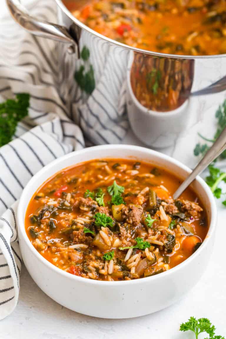 italian sausage soup with rice in a bowl