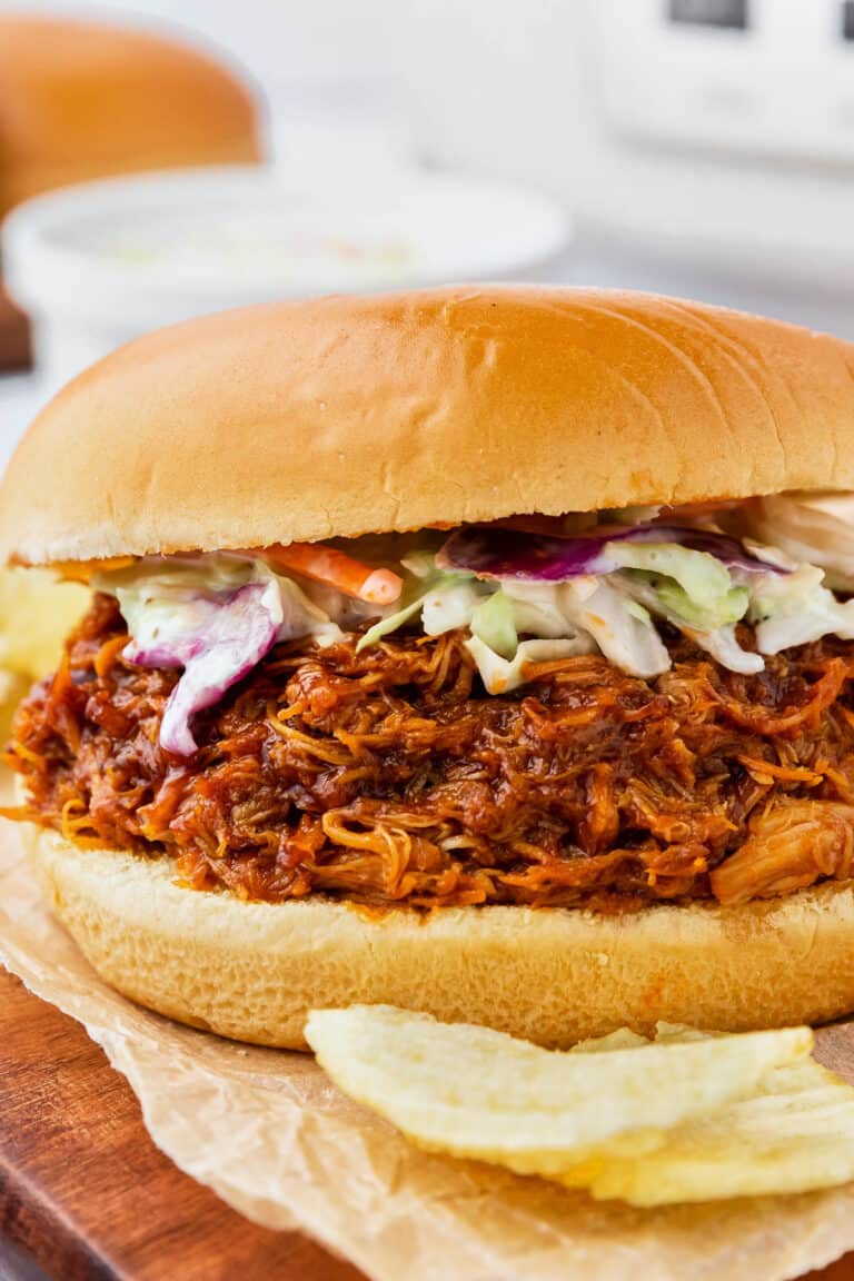 slow cooker bbq pulled park with coleslaw and chips