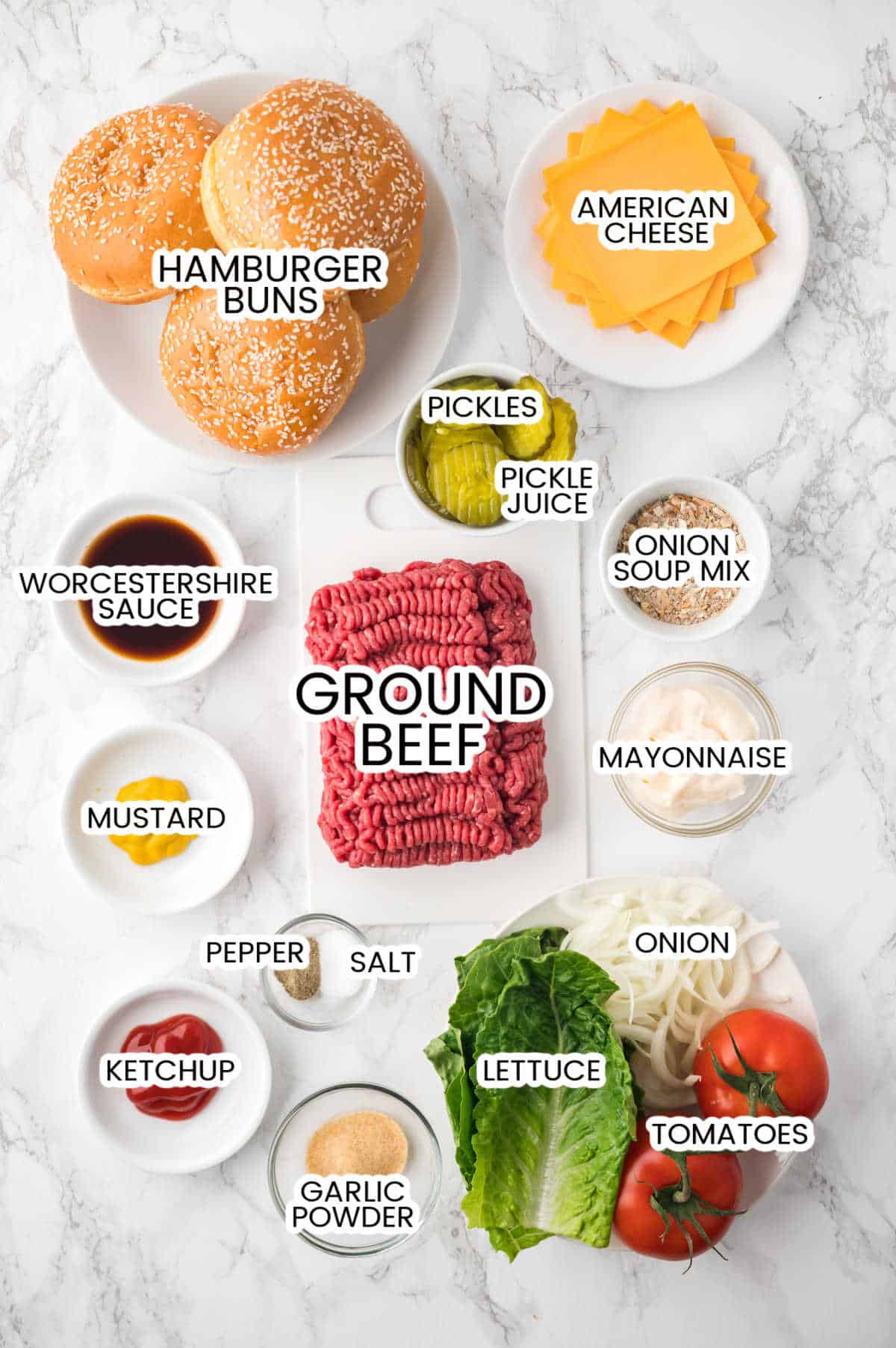 Ingredients to make air fryer juicy lucy burgers.