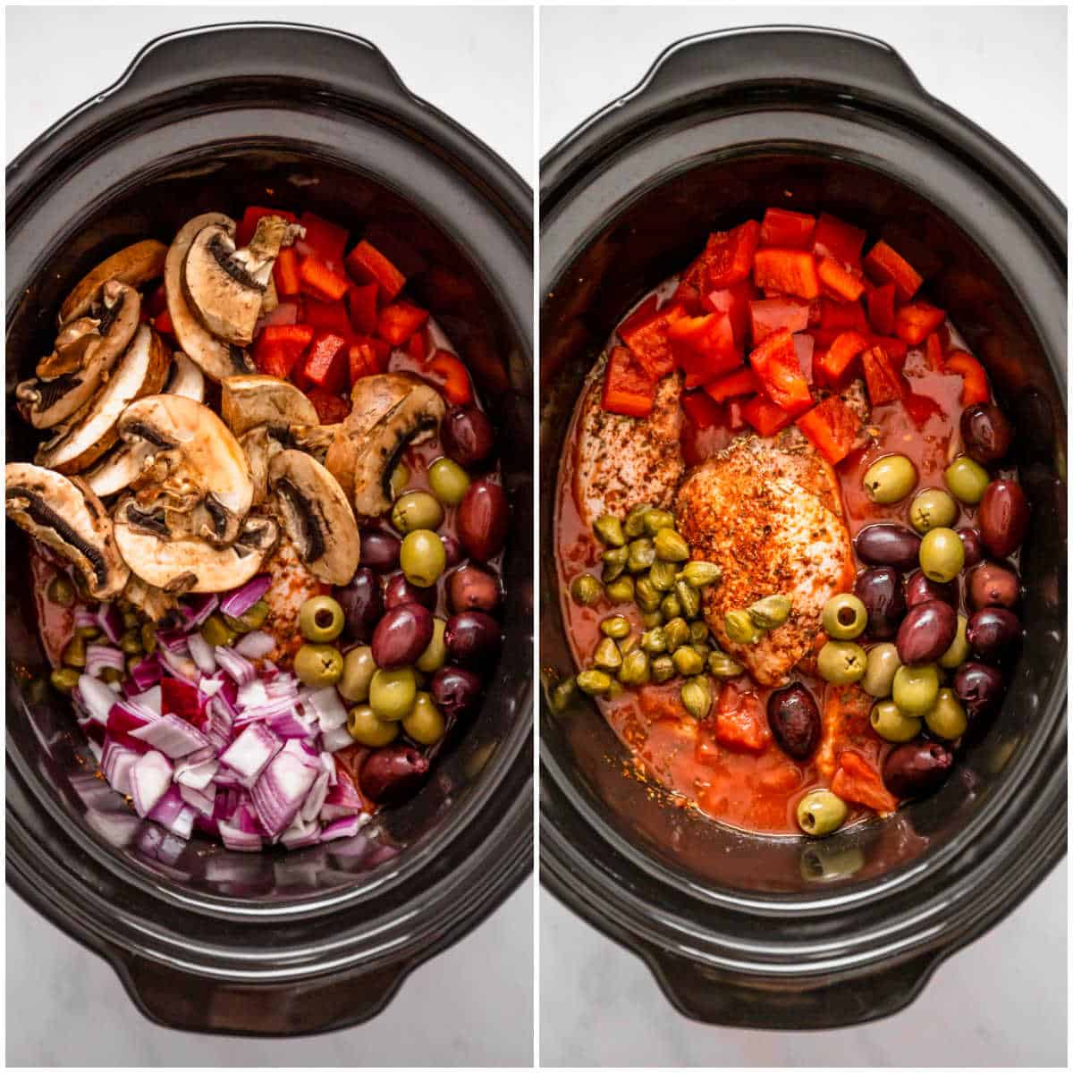 Steps to make slow cooker chicken cacciatore.