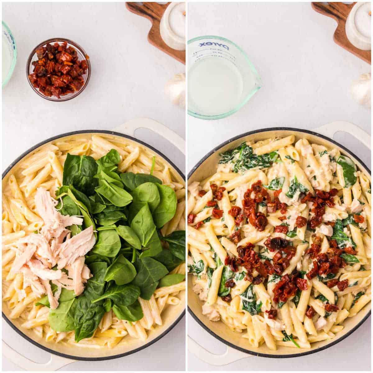 Steps to make chicken and spinach pasta.