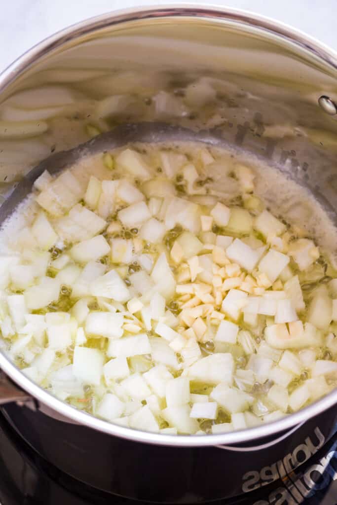 adding onion and garlic to butter