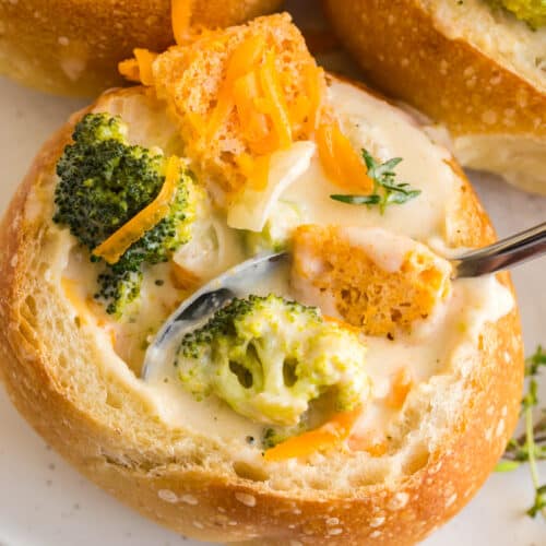 broccoli cheddar soup in a sourdough bread bowl