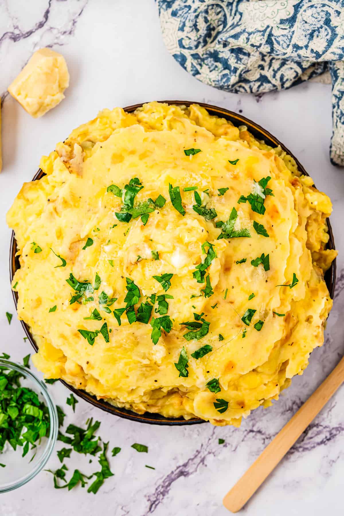 golden mashed potatoes with parsley and caramelized onions