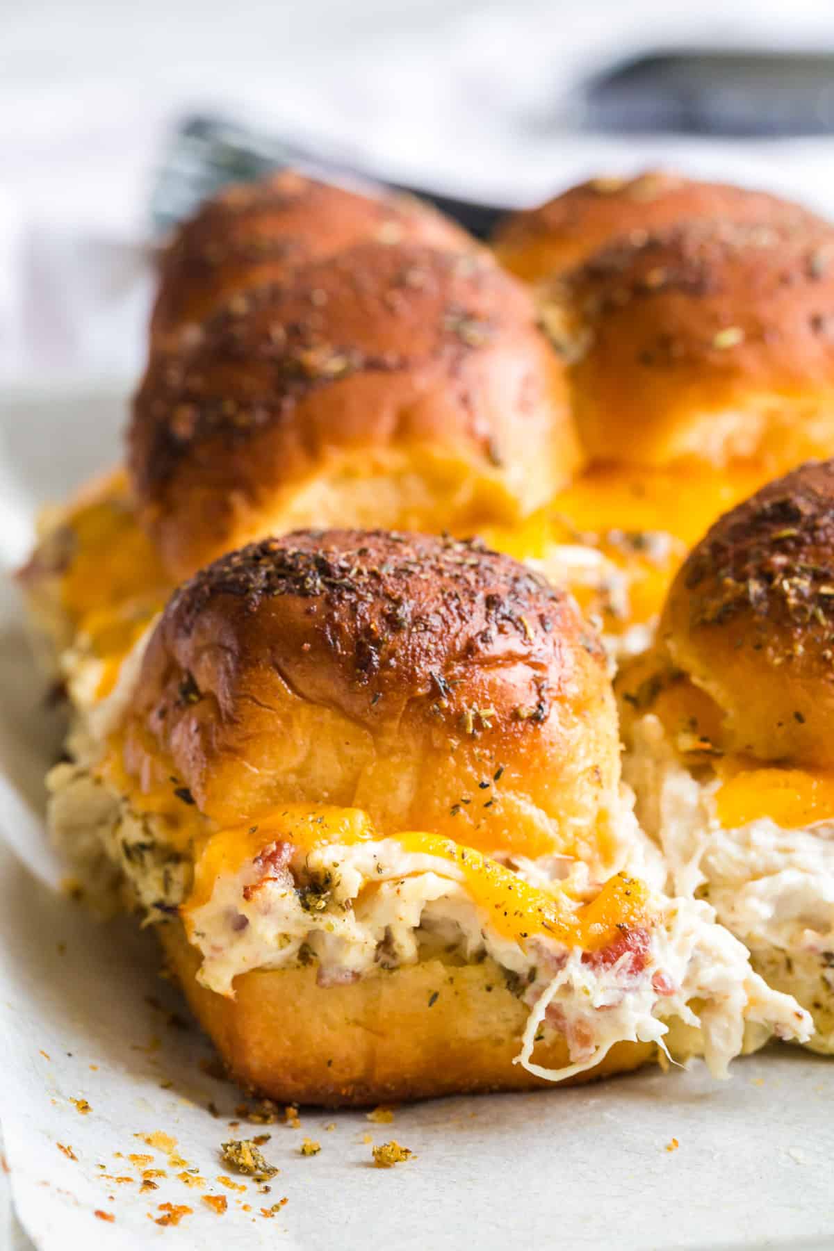crack chicken sliders with garlic and herb brushed Hawaiian rolls