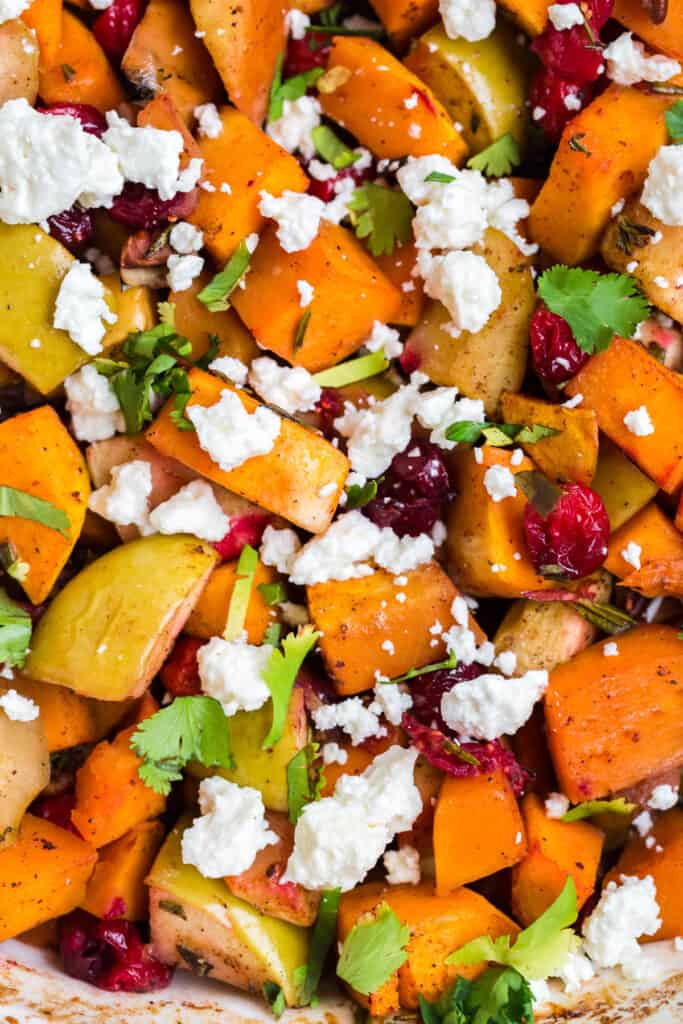 close up of baked butternut squash with apples, goat cheese, cranberries, rosemary, and thyme