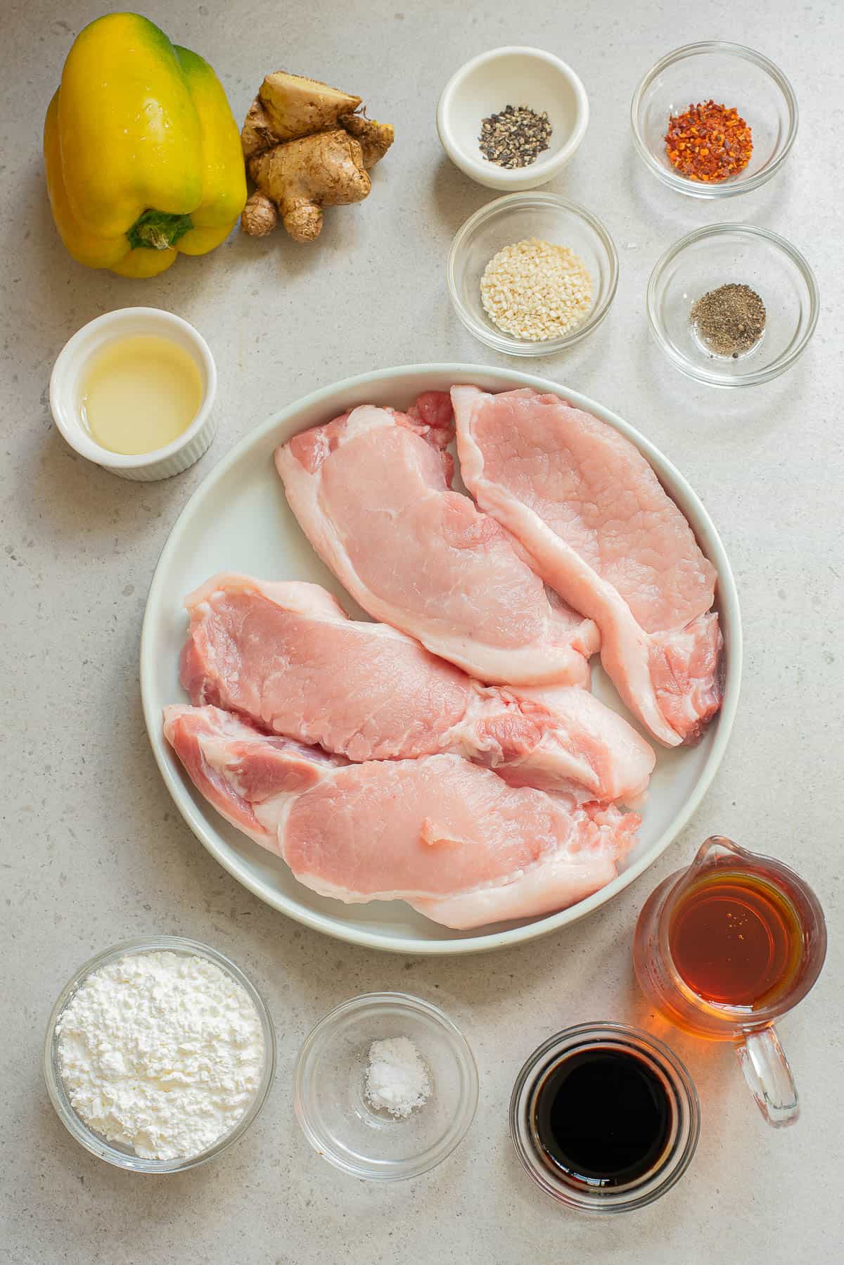 ingredients to make pork bites with a honey ginger sauce
