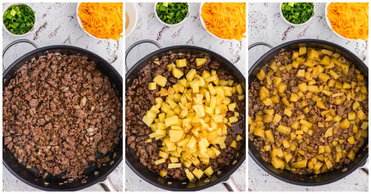 Three step-by-step photos showing seasoned ground beef cooking in a skillet, diced Yukon Gold potatoes being added, and beef and potatoes simmering together.