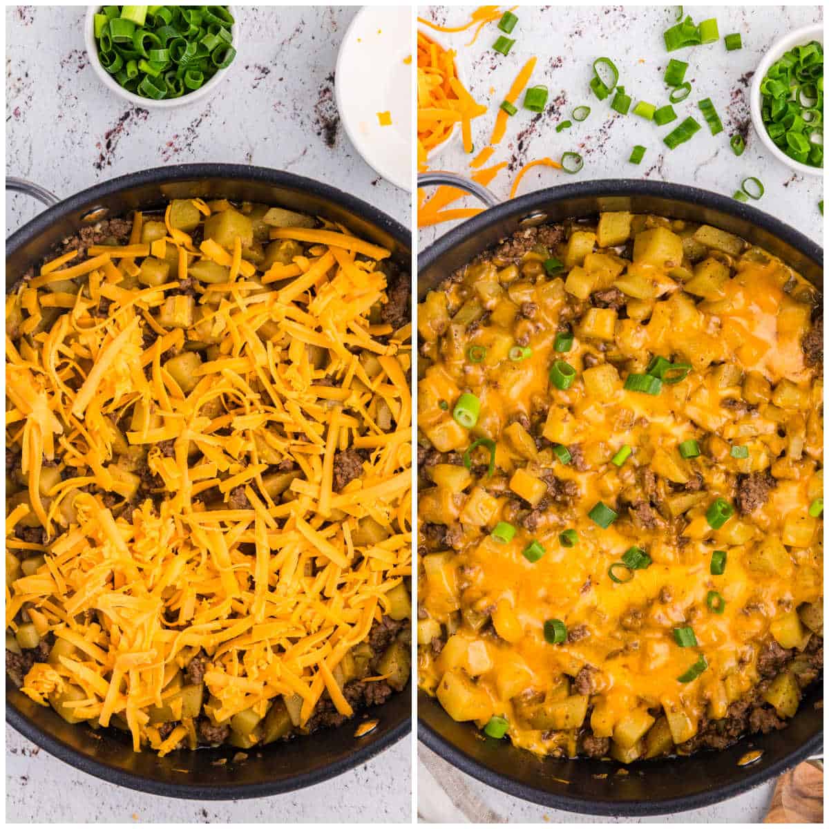 Two step-by-step photos of Cheesy Ground Beef and Potato Skillet showing shredded cheddar cheese added over the beef and potatoes, then melted and topped with sliced green onions.